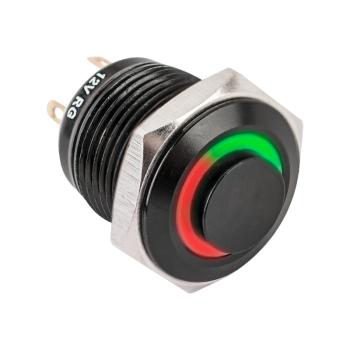 Kimagasló felületű nyomógomb fekete házban 16mm-es furathoz-NO piros-zöld LED gyűrűvel