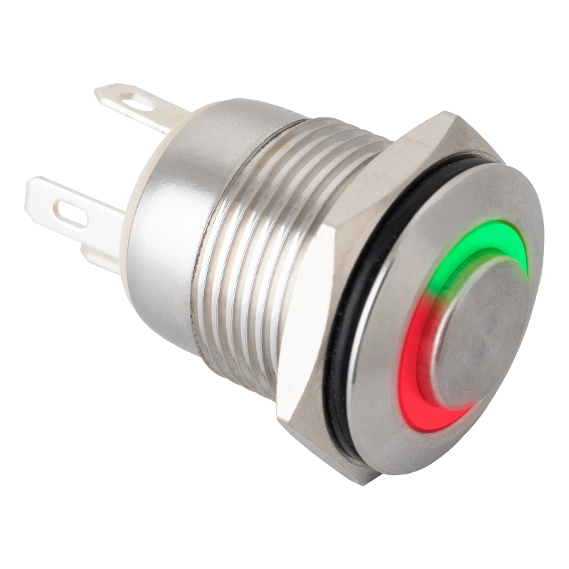 Lapos felületű nyomógomb 16 mm-es furathoz, NO-COM, piros/zöld LED, IP65 védelem