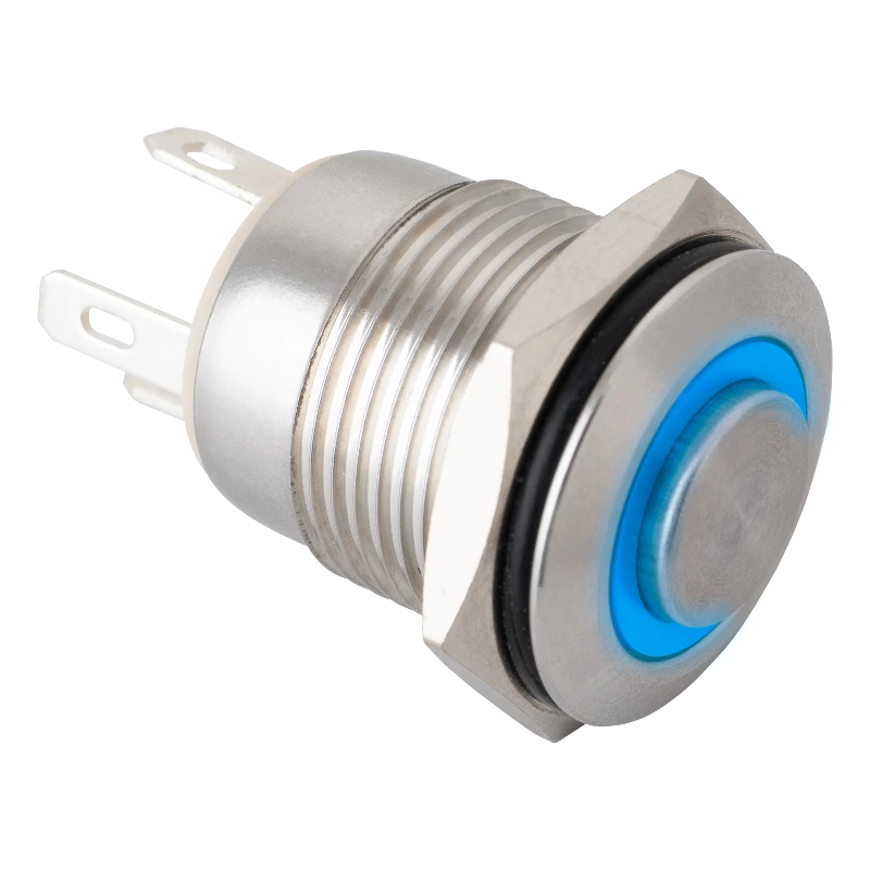 Lapos felületű nyomógomb 16 mm-es furathoz, NO-COM, kék LED, IP65 védelem