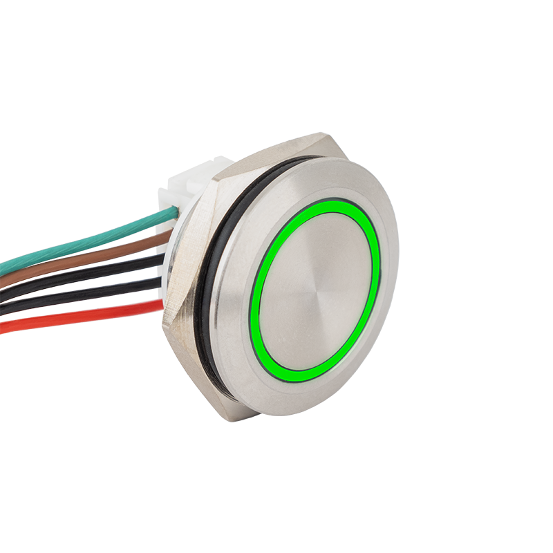 FLM19-FJ-5-E-rdgn - Lapos felületű nyomógomb 19 mm-es furathoz, NO-COM kimenettel, piros-zöld LED, IP67