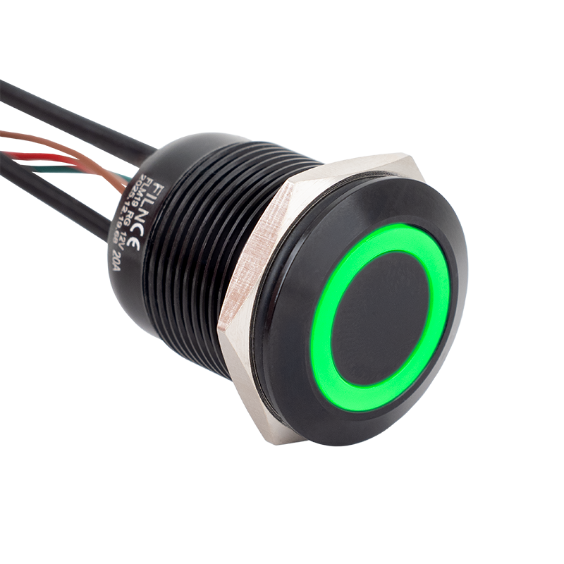 FLM19-FW-6-EX000-A-rdgn - Lapos felületű nyomógomb 19 mm-es furathoz, fekete házban NO-COM, piros-zöld LED, IP67 védelem