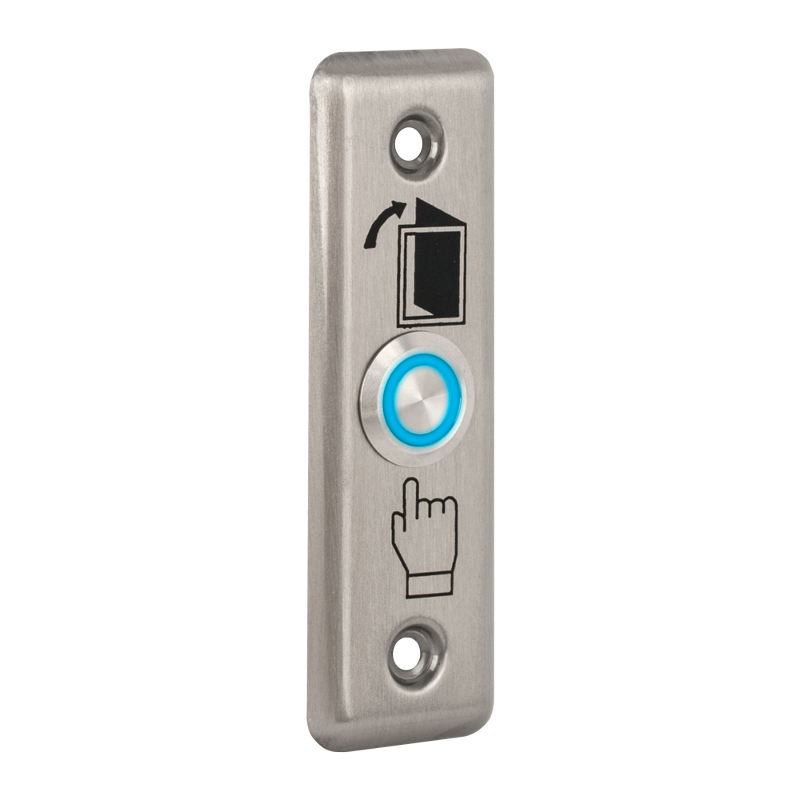 Kimagasló felületű nyomógomb 92 x 29 mm-es INOX pajzzsal - NO - LED kék - cseppálló
