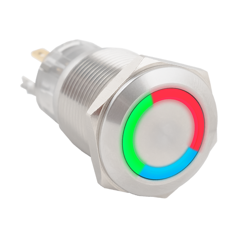 Kimagasló felületű nyomógomb 19mm-es furathoz-NO/NC piros-zöld-kék LED gyűrűvel